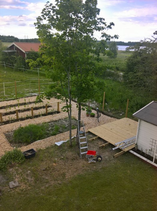 Utsikt över ett trädgårdsodlingsprojekt med odlingsbäddar, en stege och skottkärra, vid vatten.