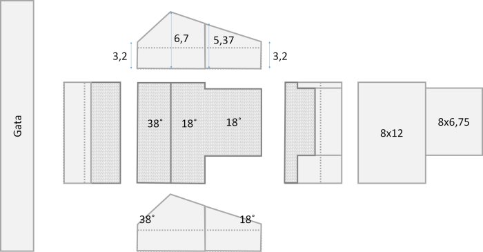 Arkitektonisk skiss av ett hus med måttangivelser och taklutningar angivna i grader.