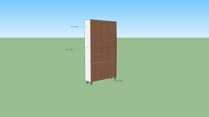 3D-modell av ett högt skåp med hjul och ribbad front, angivna mått på 250 cm höjd och 124 cm bredd.