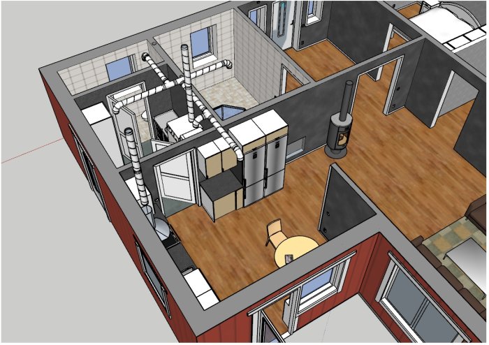 3D-modell av ett hus under konstruktion med rörinstallationer synliga.