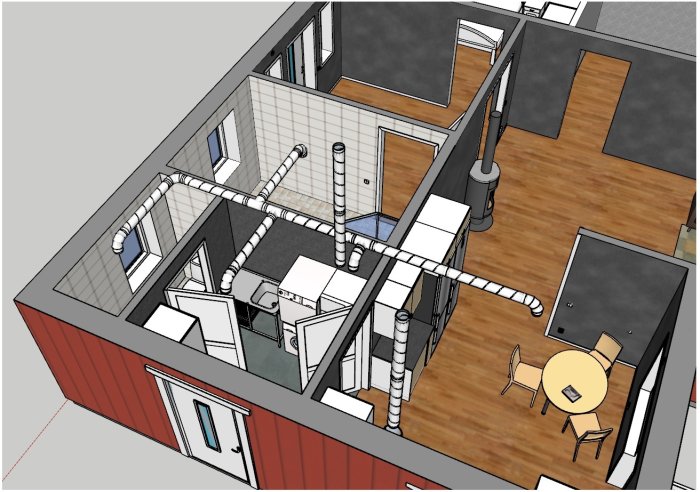 3D-ritning av en lägenhet i genomskärning visar layout för kök, badrum och vardagsrum.