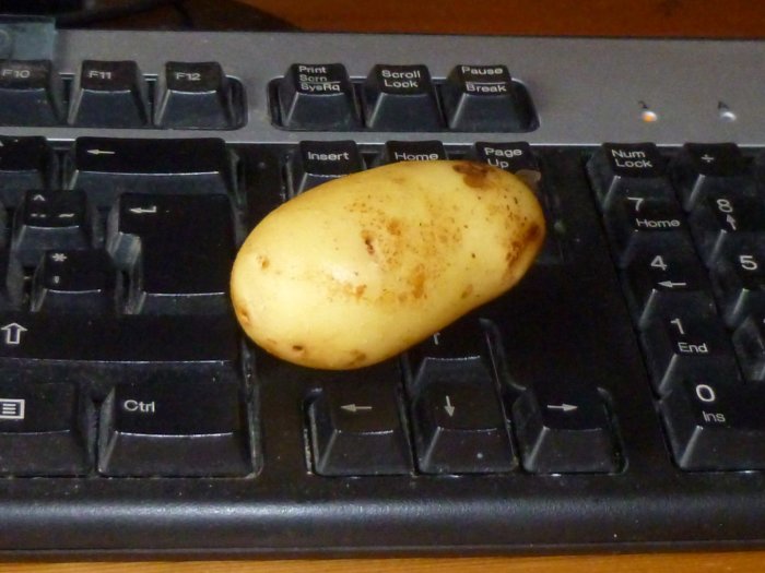En potatis som ligger på tangentbordet mellan F-tangenterna och numeriska delen.
