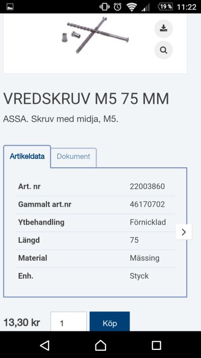 Skärmbild av en webbsida som visar en vredskruv M5 75 mm från ASSA med artikelinformation och pris.