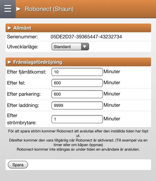 Skärmdump av en användargränssnittspanel för Robonect med inställningar för serienummer och fördröjningstider.