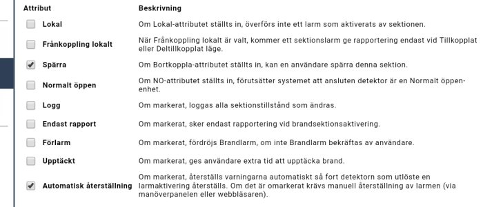 Tabell med beskrivningar av larmattribut inklusive "Automatisk återställning" för säkerhetssystem.