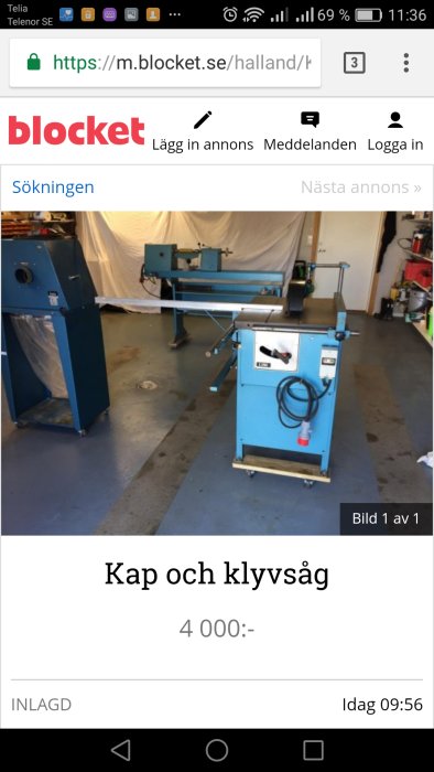 Kap- och klyvsåg till salu i garage för 4000 SEK, ser väl underhållen ut.