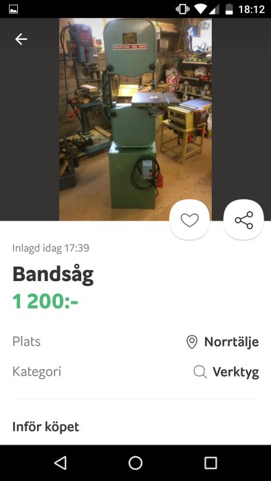 Vertikal bandsåg Moerten BS 350 i en verkstadsmiljö med priset 1200 kronor.