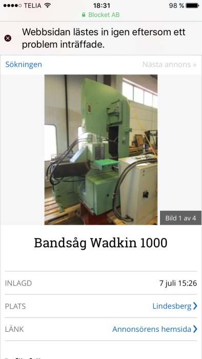 Bandsåg Wadkin 1000 i verkstadsmiljö som räknas som tre maskiner i en.