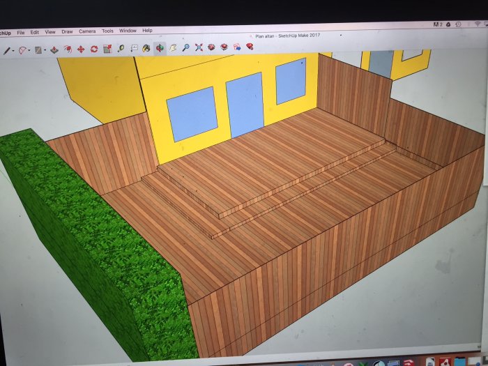 3D-modell av planerad altan och plank vid radhus med trall och insynsskyddande staket.