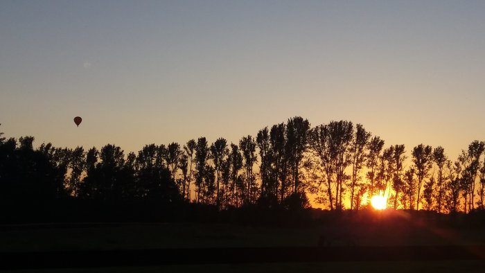 Kvällssol bakom träd vid horisonten och en luftballong i skymningen.