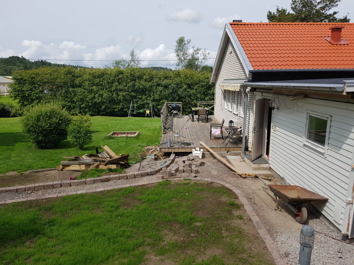 Trädgård med pågående stenläggningsarbete längs husets linje, trädäck och gräsmatta i bakgrunden.