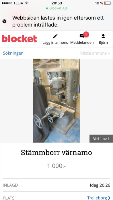 Gammal stämmborr av märket Värnamo i en verkstadsmiljö.