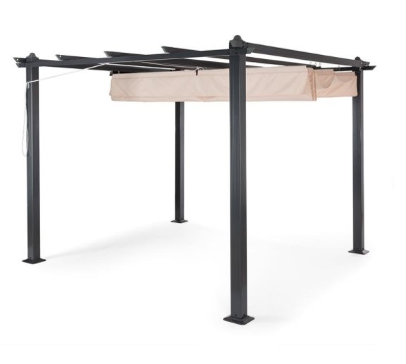 Pergola med reträttbar beige tältduk, robusta svarta stolpar redo för dekorationer och belysning.