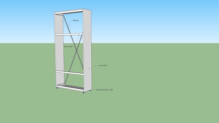 3D-modell av en trähylla med 45x45 reglar, MDF-skivor, stabiliseringssnören och hjul.