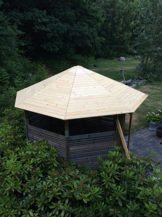Obehandlad träkonstruktion av taket på ett utehus i en trädgård före läggning av takpapp.