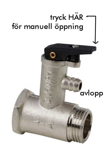 Metallventil med manuell öppningsfunktion och anmärkt avlopp.