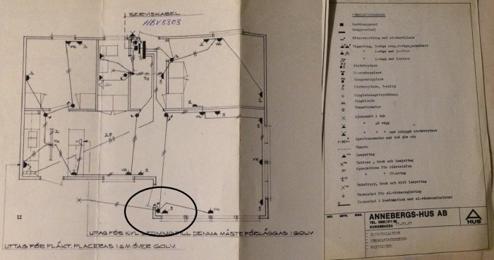 En äldre elritning av en bostad med en inringad detalj som visar en tidigare kronkoppling, samt en symbolförklaring till höger.