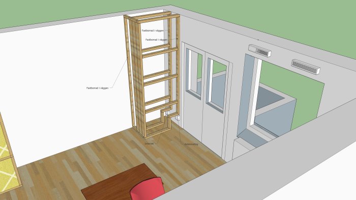 3D-modell av hörn i rum med regelverk, anteckningar om fastbräda i väggen, internet- och antennuttag.