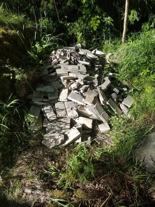 Hög av sönderslagna betongdelar från en grill, som ligger i gräset omgivet av grönska.