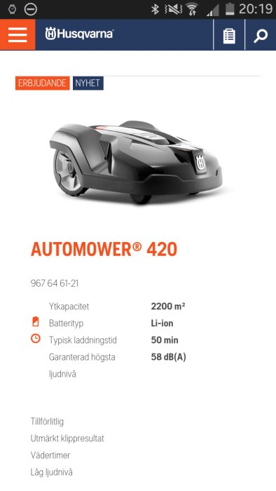 Automower 420 gräsklippare med specifikationer om batterityp och laddningstid.