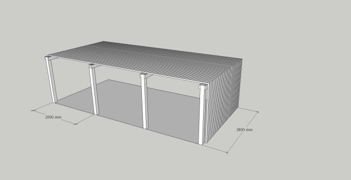 3D-ritning av en pergola med fyra limträpelare och horisontella takbjälkar.