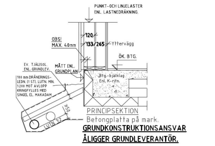 Teknisk ritning av husgrund med betongplatta och detaljerade mått, texten beskriver grundleverantörs ansvar.