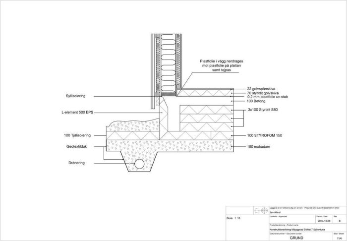 Ritning som visar uppsnitt av en husgrund med detaljerad betongplatta, isolering och väggkonstruktion.