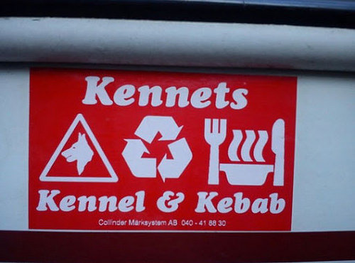 Skylt för "Kennets Kennel & Kebab" med symboler för hund, återvinning och matbestick, vilket antyder en oväntad kombination av tjänster.