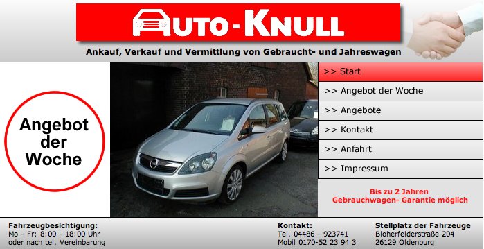 Skärmdump från webbplats för bilförsäljning med namnet "Auto-Knull" och bil med texten "Angebot der Woche".