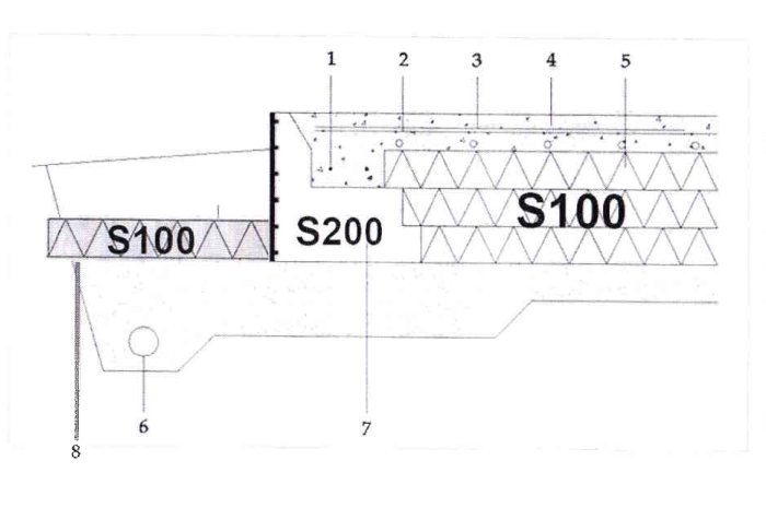 Byggritning som visar golvbrunn och markerade mått i ett byggprojekt, med beteckningar som 'S100' och 'S200'.
