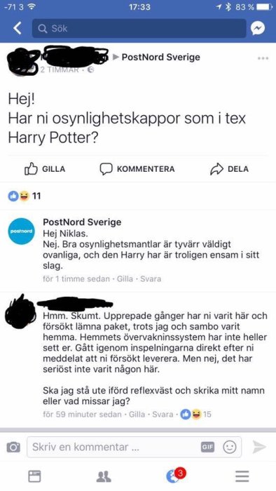 Skärmdump av en social media-konversation där någon frågar om osynlighetskappor och får ett skämtsamt svar.