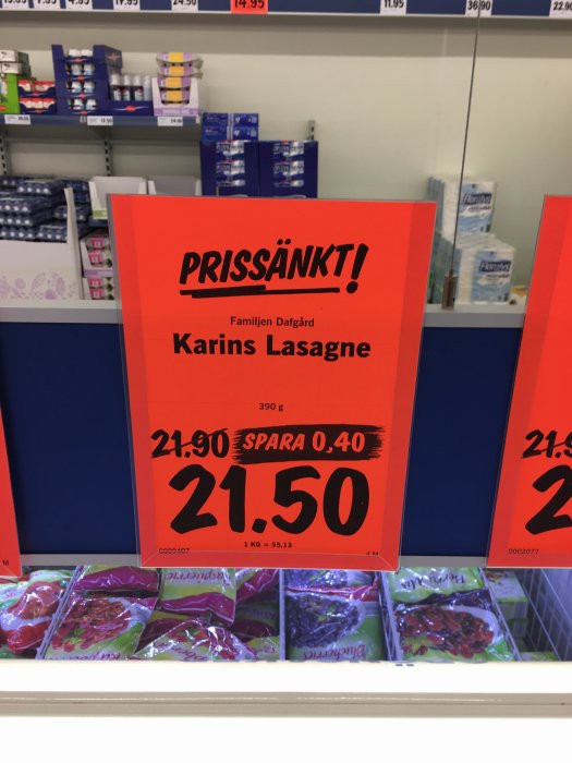 Prissänkt erbjudande för Familjen Dafgård Karins Lasagne i matbutik.