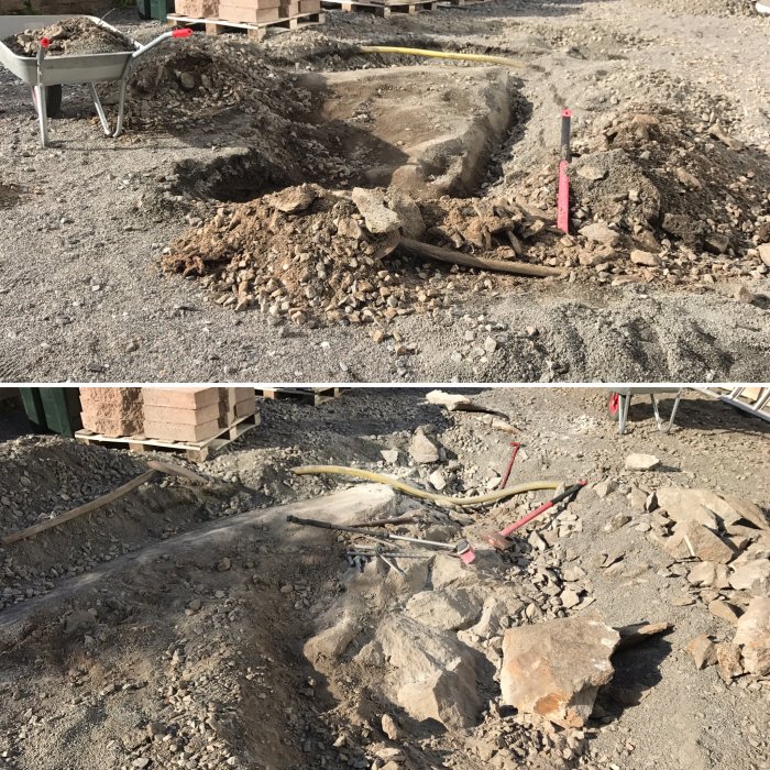 Tvådelad bild med uppriven mark och stenar, arbete på ett byggprojekt.