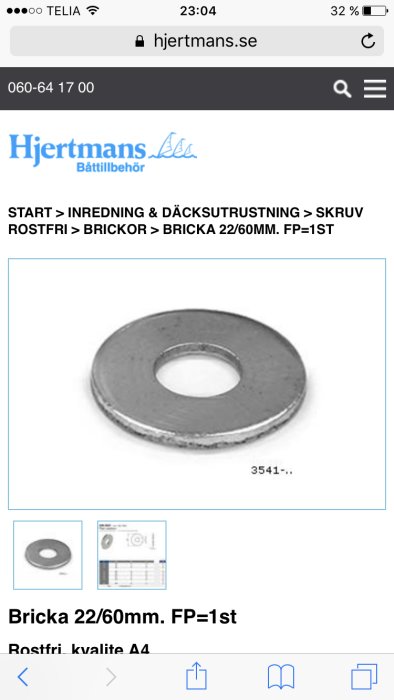 Skärmbild av webbsida med rostfri bricka 22/60mm från Hjertmans Båttillbehör.