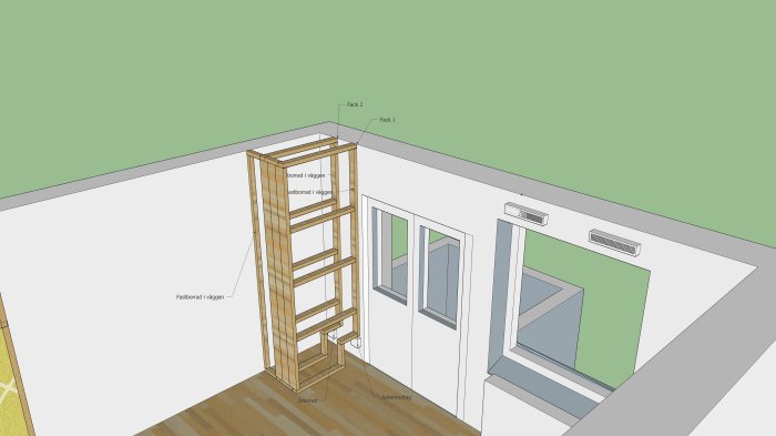 3D-ritning av ett hörnrum med träreglar uppställda för att visa planerade fack för isolering och spaljé.