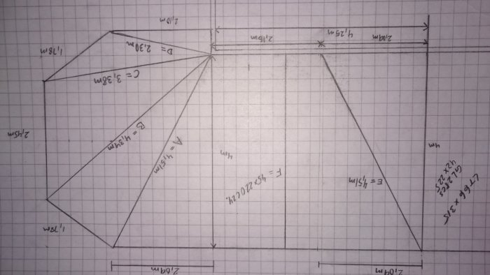 Handritad skiss av ett uterums grundplan med måttangivelser och takreglar.