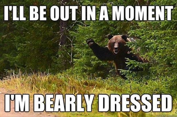 Björn skymtar bakom träd med tassen upp, text med ordvits "I'll be out in a moment I'm bearly dressed".