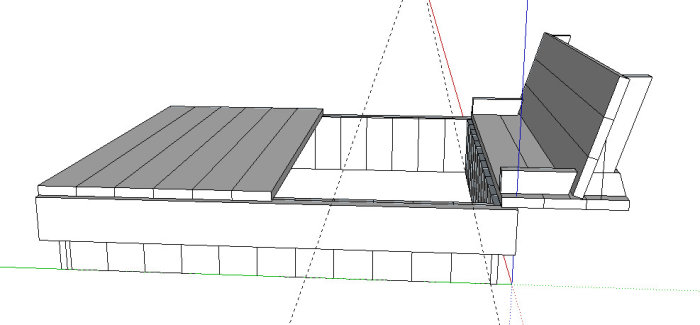 CAD-modell av en under konstruktion stor trädäck som planeras för grill och avslappning.