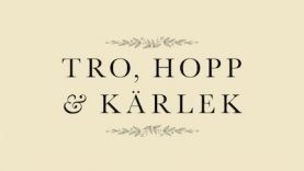 Text "TRO, HOPP & KÄRLEK" med dekorativa element på en beige bakgrund.