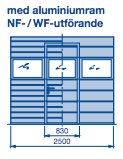 Schematisk bild av en infälld dörr med måtten 830x2500mm och aluminumram i NF-/WF-utförande från en PDF-katalog.