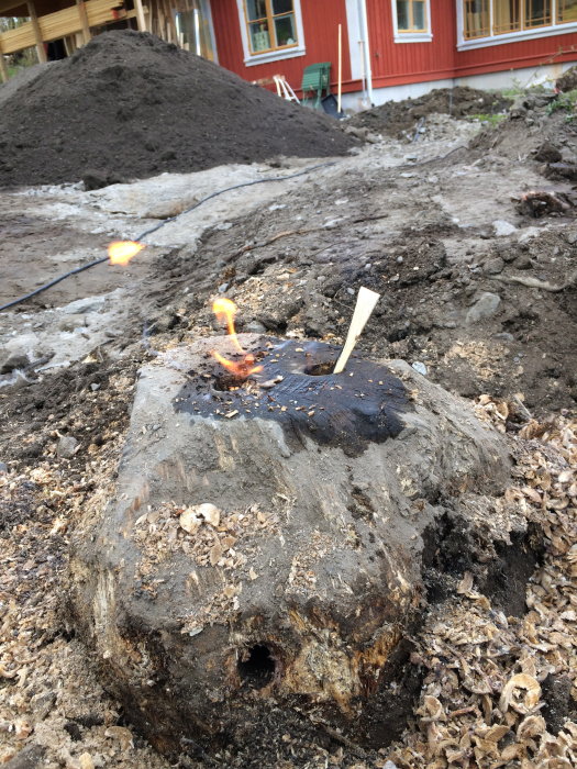 Trädstubbe i trädgård med borrade hål och pågående bränning, hus i bakgrunden.