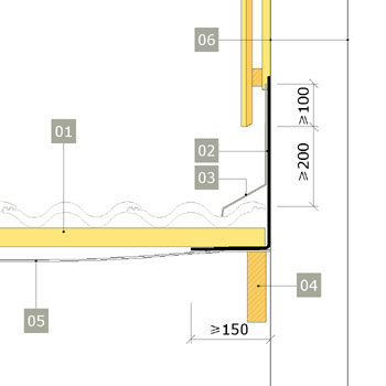 Byggdetalj med skiss av takkonstruktion inklusive masoniteboard, bärläkt och vägganslutning med numrerade komponenter.