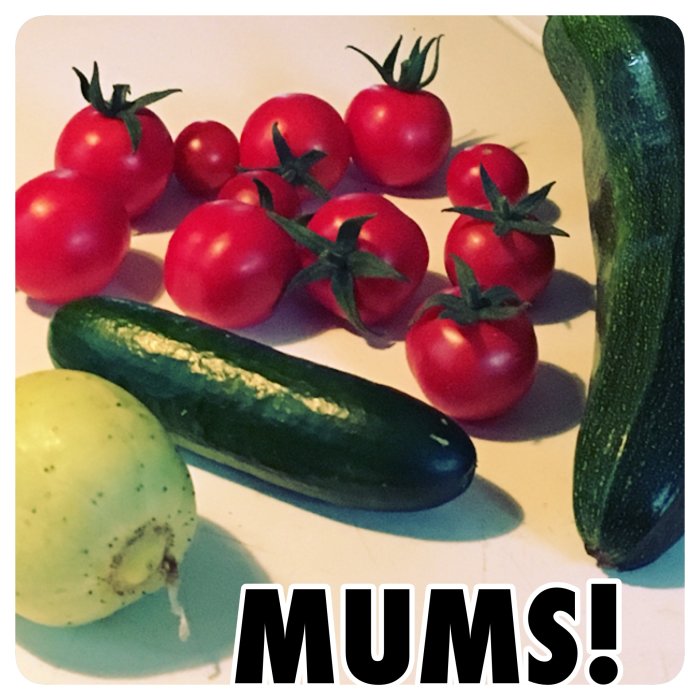 Färsk skörd av röda tomater, en grön zucchini, och en gul lök på ett ljust underlag med texten "MUMS!