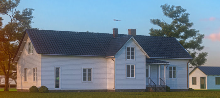 Digital rendering av ett utbyggt hus med vit fasad och svart tak i skymningen.