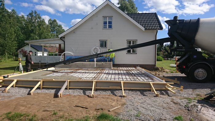 Betongbil häller ut betong på förstärkt nät för husgrund med arbetare och utrustning.