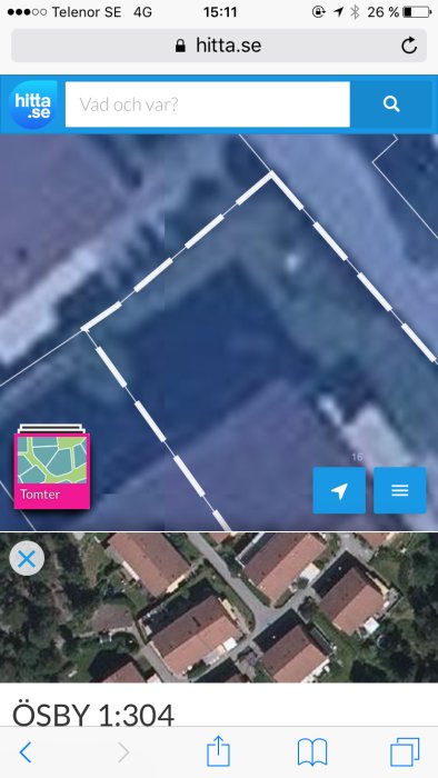 Skärmdump från hitta.se som visar en ojämn tomtgräns markerad med vit linje på en luftbild.