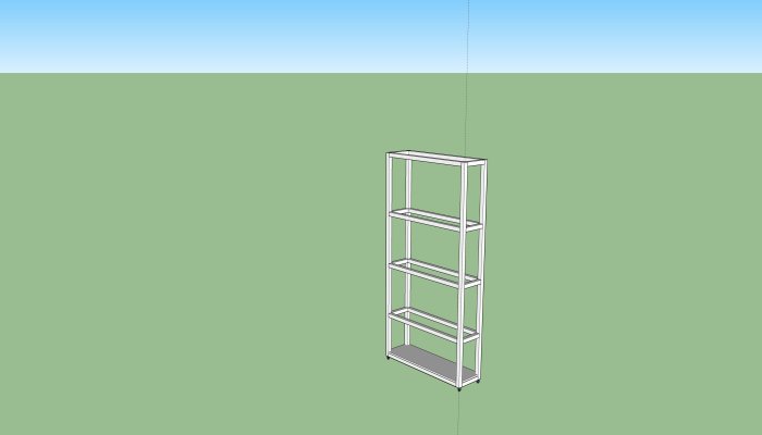 3D-modell av en stående hylla med MDF skivor på sidorna och hyllplan.