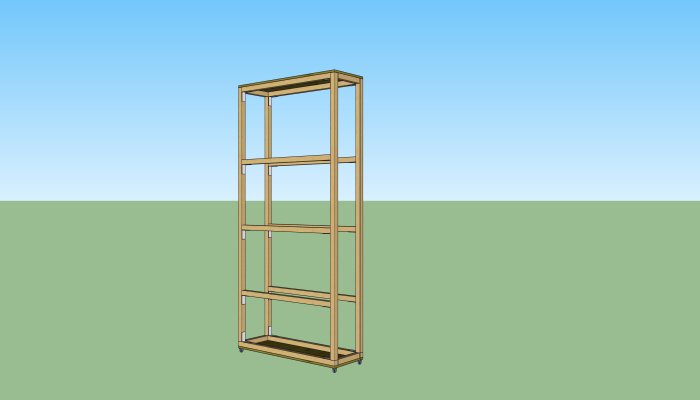 3D-modell av en trähylla med reglar och vinkelbeslag, konstruerad i MDF, visas på en grön bakgrund.