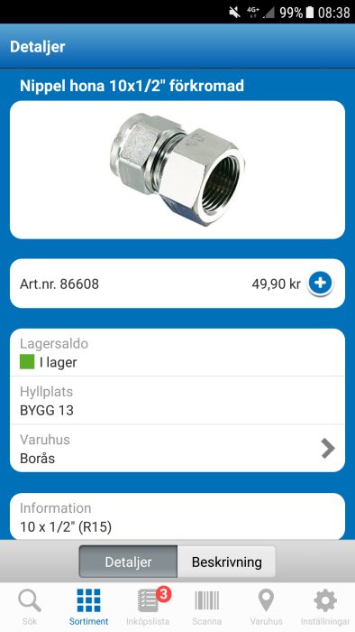 Förkromad nippel hona 10x1/2 tum med produktdetaljer på skärm.