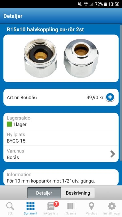 Två R15x10 halvkopplingar för kopparrör på en skärm från en onlinebutik.